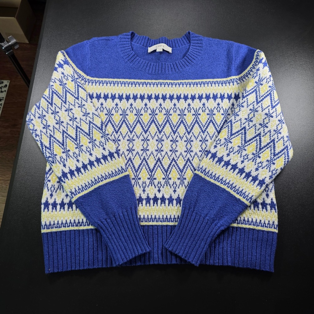 LOFT Womens Blue Yellow Fair Isle Geometric Knit Crew Neck Sweater Large